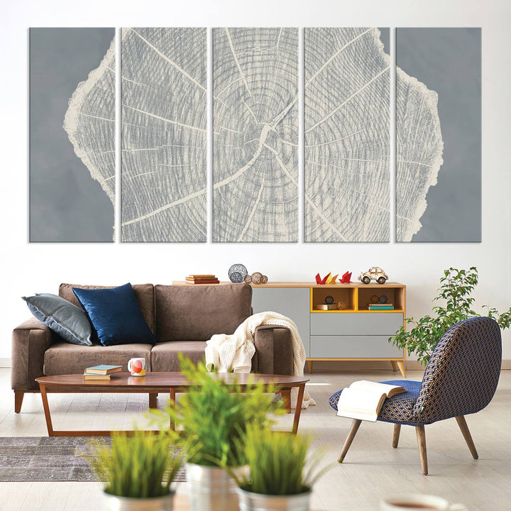 A gray wall displays the Abstract Tree Ring Wall Art print.