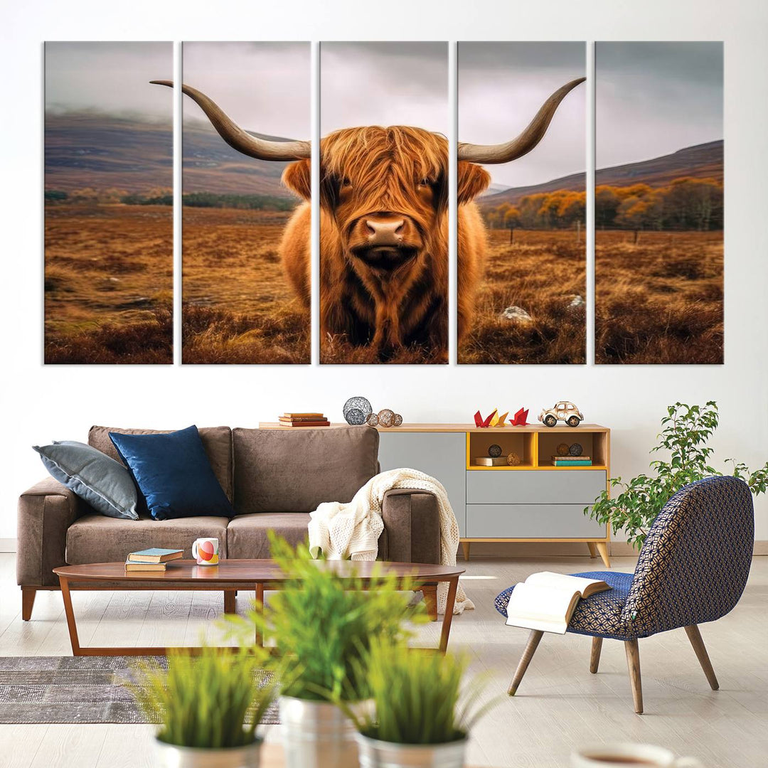 Highland Cow Longhorn Canvas Print, framed, on a wooden wall.