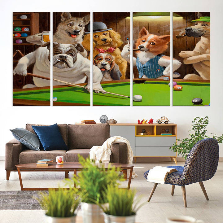 Dogs Playing Pool Canvas Wall Art: This artwork depicts a room where dogs are engaged in a game of pool. One dog is poised to cue while others observe the scene.