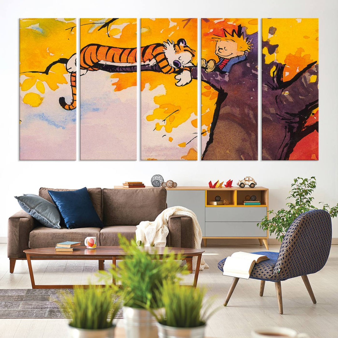 Premium canvas Calvin Wall Arts featuring a boy and tiger relaxing on a branch.