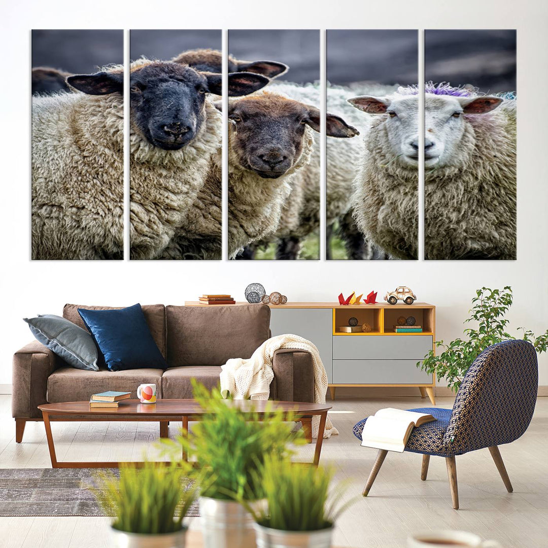 The Charming Sheep Portrait Wall Art hangs on a wooden wall.