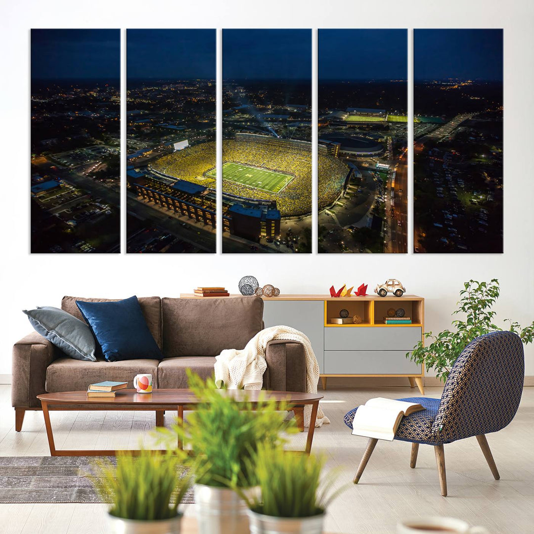 Aerial view of Michigan Stadium nightlife on canvas – Framed, ready-to-hang sports arena wall art.