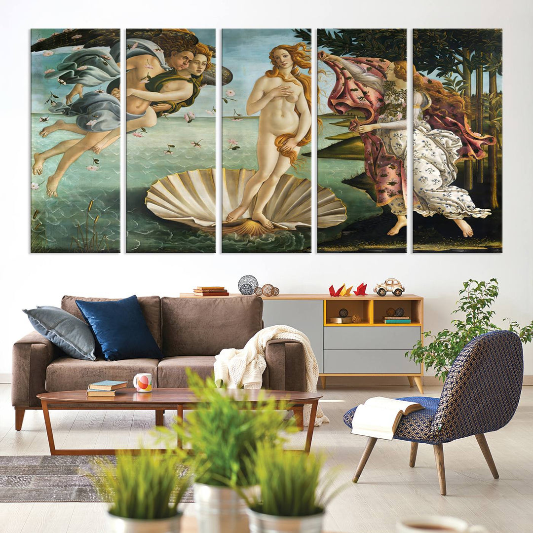 A canvas print of Botticellis The Birth of Venus is displayed on the wall.