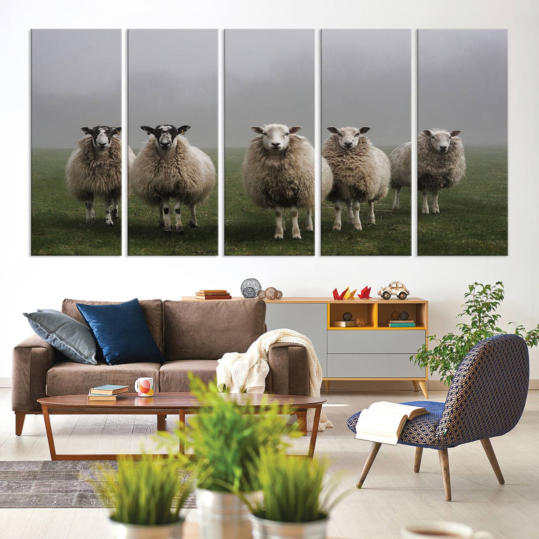 The Flock of Sheep in a Mystical Fog canvas print is framed and ready to hang.