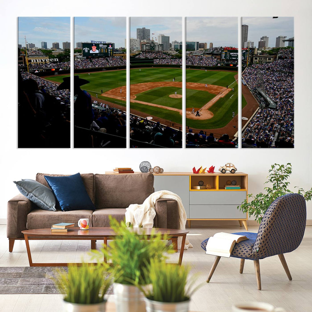 Admire this museum-quality canvas print of a Chicago Cubs game with a cityscape view from the stands at Wrigley Field.