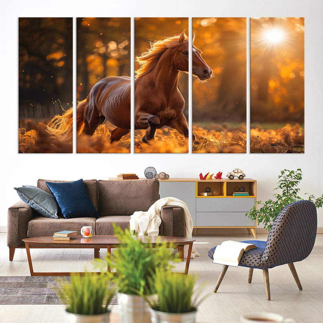 The Running Horse Sunset Forest Wall Art Canvas Print showcases a gallop in an autumn forest with sunlight streaming through the trees.