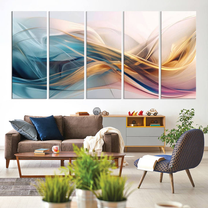 Abstract Flowing Colors Wall Art featuring blue, gold, and pink adds modern elegance to the space.