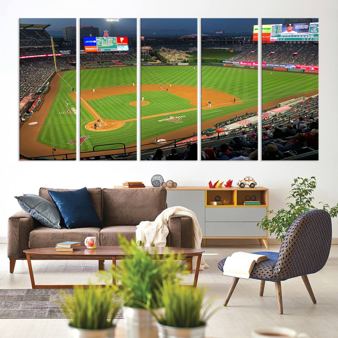 The Angel Stadium Aerial View canvas print of an Angels baseball game is showcased.