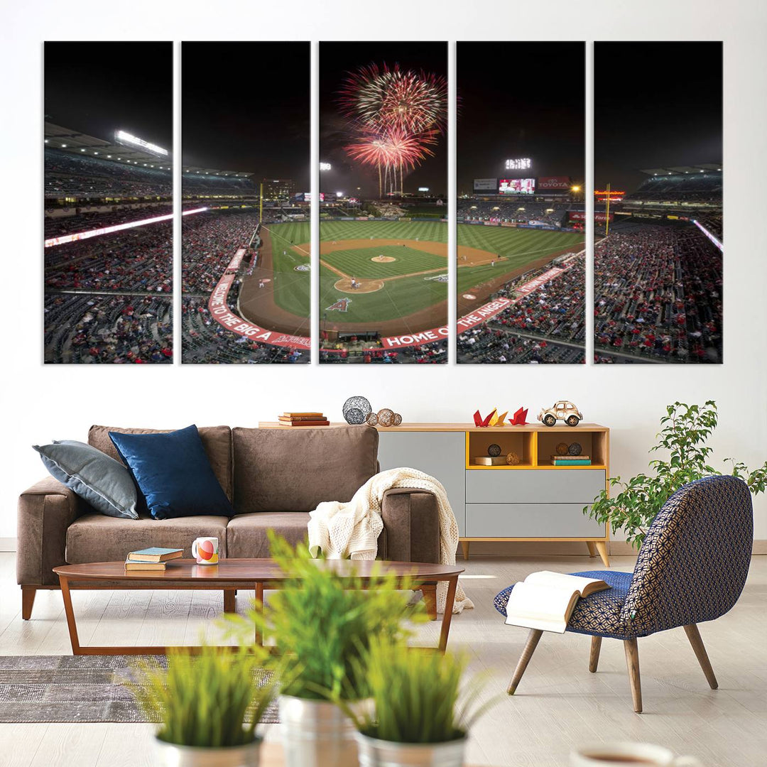 Fireworks at Angel Stadium – LA Angels Night Game Canvas Print, framed and ready to hang.