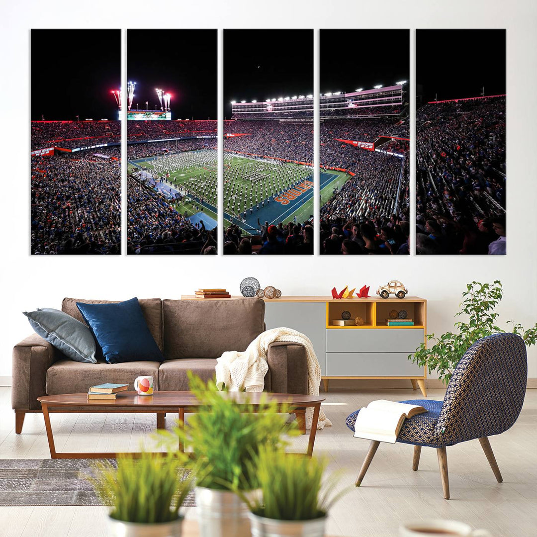 The Gators Night Game Canvas Art captures a lively night at Ben Hill Griffin Stadium with vibrant fireworks and the energy of a live band.