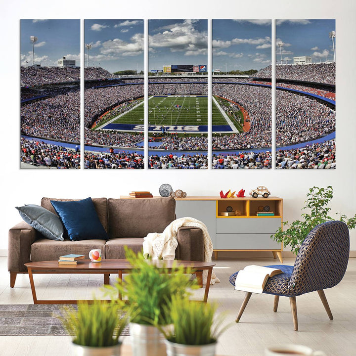 Our Buffalo Bills Game Day Canvas captures a vibrant scene at Highmark Stadium, with a lively crowd under a partly cloudy sky.