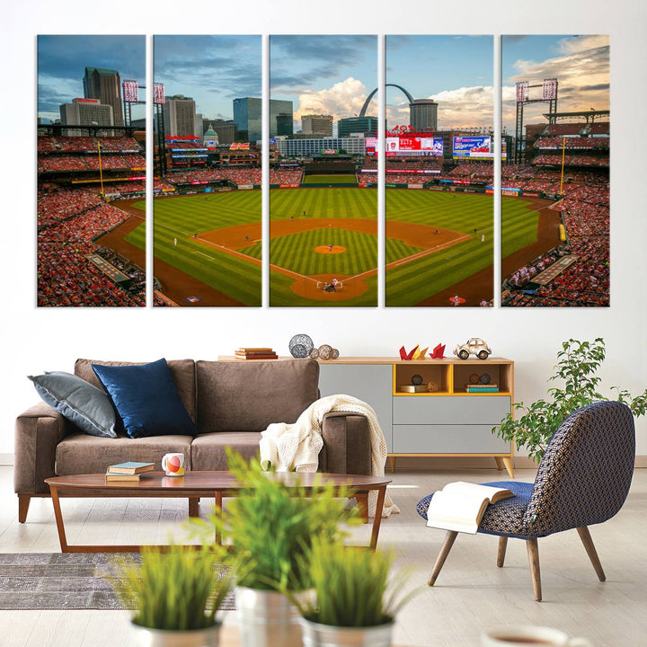 A Busch Stadium canvas print featuring a cityscape, ideal for enhancing living room or man cave sports decor.