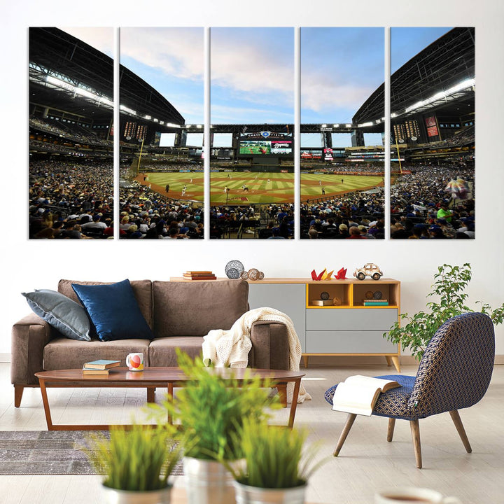 The wall art is an Arizona Diamondbacks Baseball Print depicting a packed Chase Field Stadium under a clear blue sky.