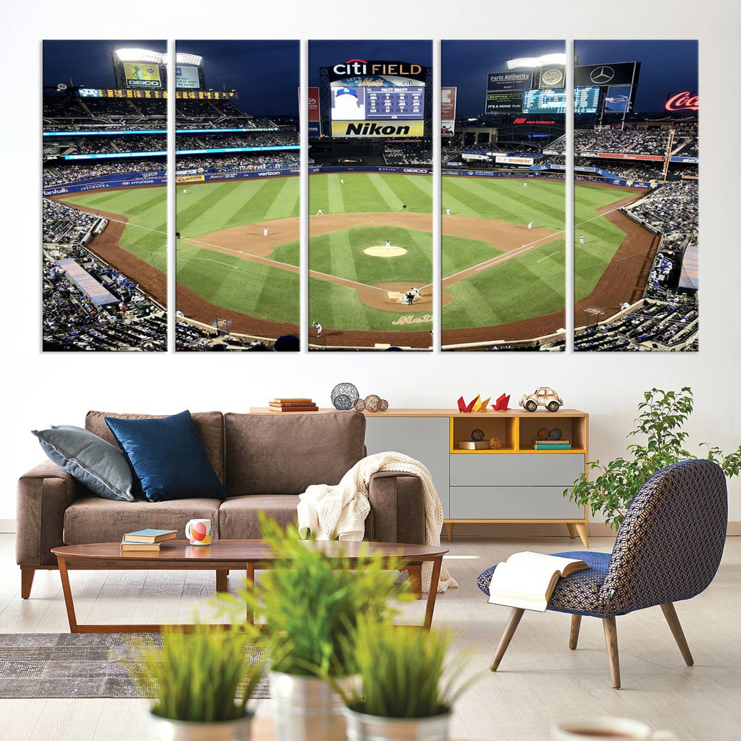 The wall is adorned with a 3-panel Citi Field Wall Art Print, framed for sports-themed decor.