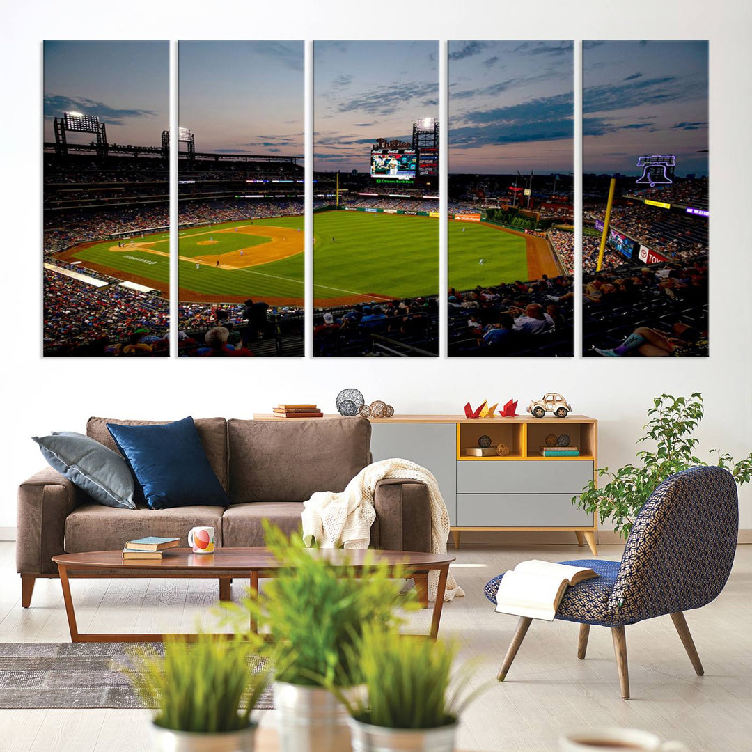 A wall art piece depicting the Philadelphia Phillies Citizens Bank Park Stadium at dusk.