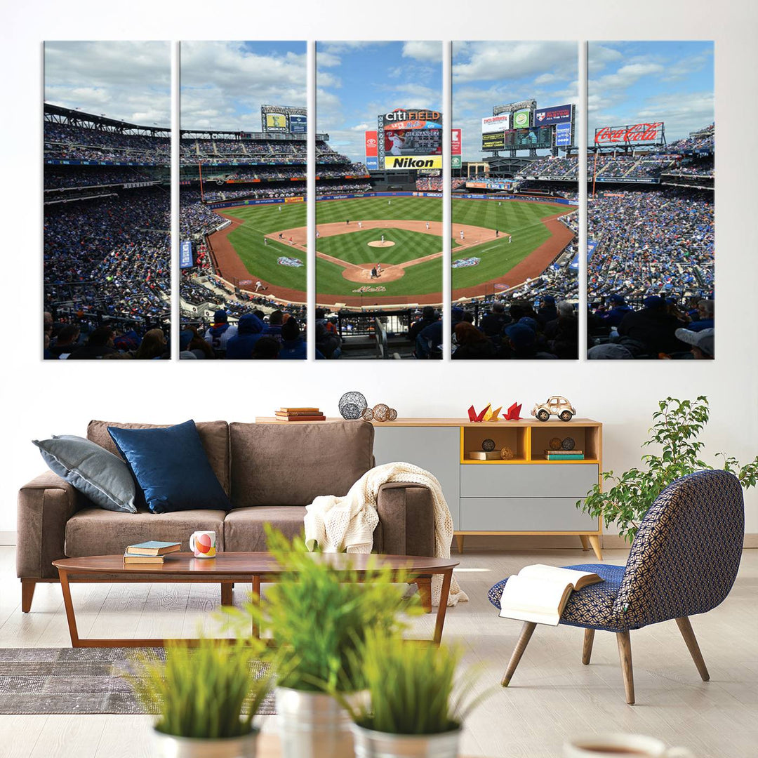 A wall art piece featuring a New York Mets Baseball Team print of Citi Field during a thrilling game under a blue sky.