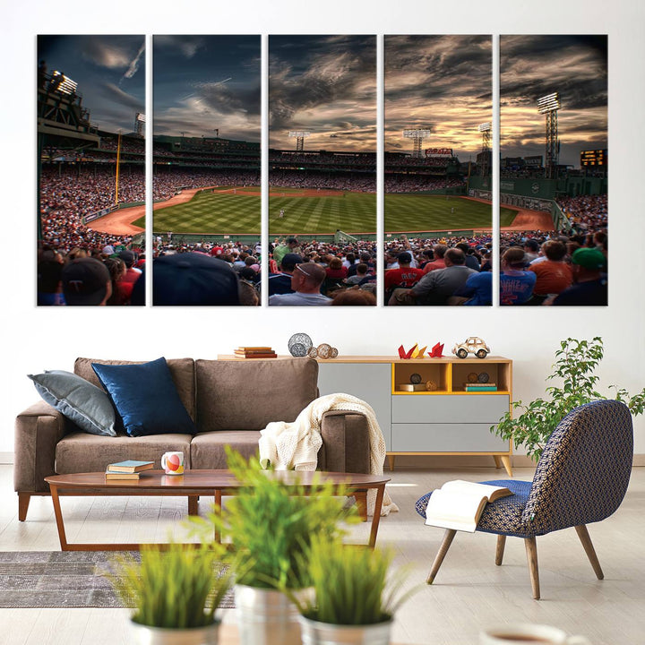 Boston Red Sox canvas print of Fenway Park at sunset, ideal for sports fans.