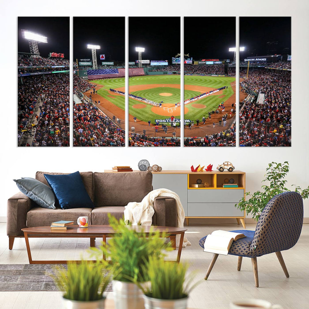 The Fenway Park Wall Art Canvas Print showcases a stunning aerial view of Bostons iconic ballpark at night, making it an ideal piece for any Red Sox enthusiast.