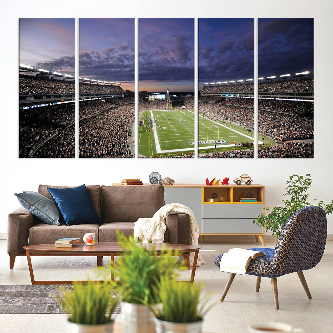 A large New England Patriots Foxborough Gillette Stadium wall art canvas print at sunset.