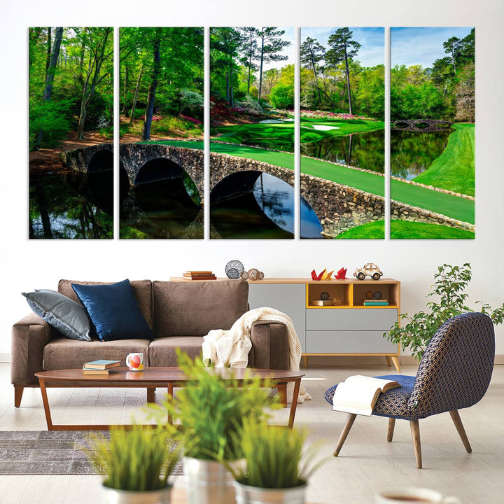 The wall art from Augusta National Golf Club showcases a panoramic bridge set against rich, lush greenery on a framed triptych canvas.