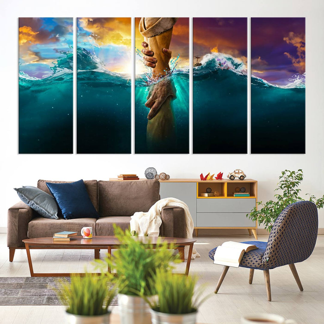 The God Hand Wall Art Canvas Print depicts hands reaching through water against a vibrant sky.