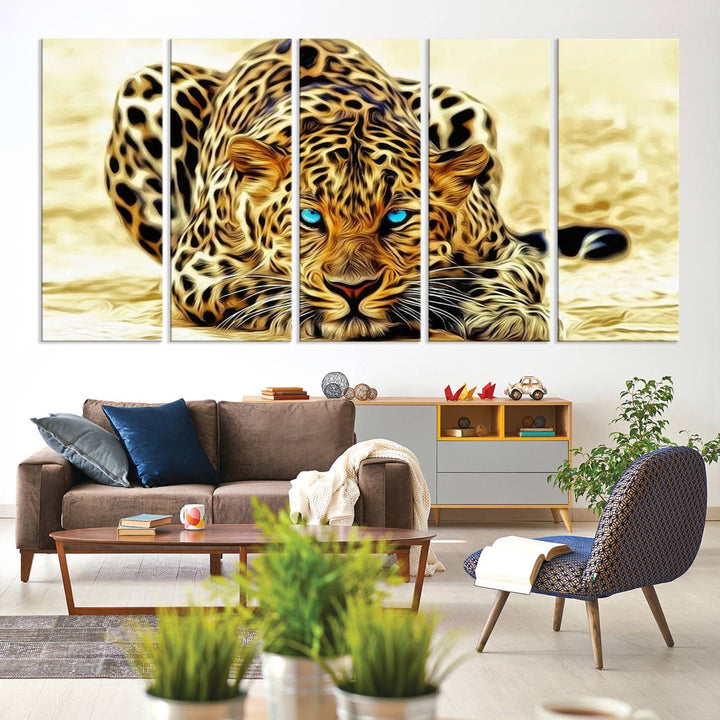 The Blue-Eyed Leopard Canvas Wall Art features a fierce and captivating design, perfect for wildlife enthusiasts. Its bold imagery makes it a striking decor piece, ready to hang.