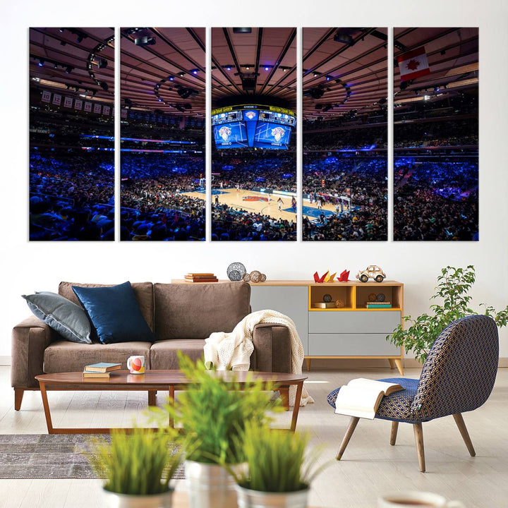 A print depicting an NBA game at Madison Square Garden, highlighting the scoreboard.