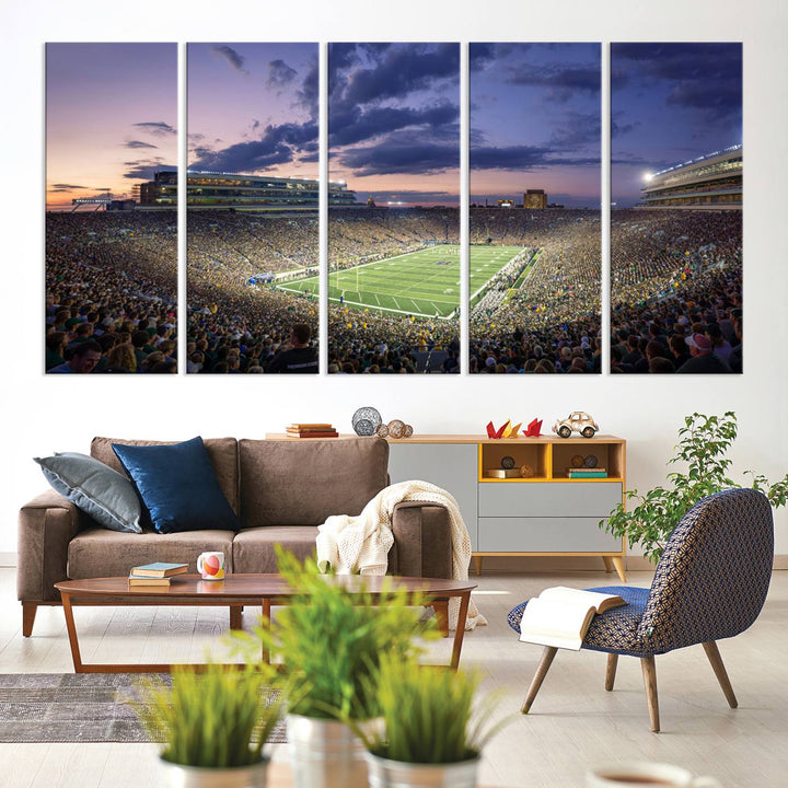 As the sun sets, a stunning backdrop highlights the Notre Dame Fighting Irish Football Team Print.