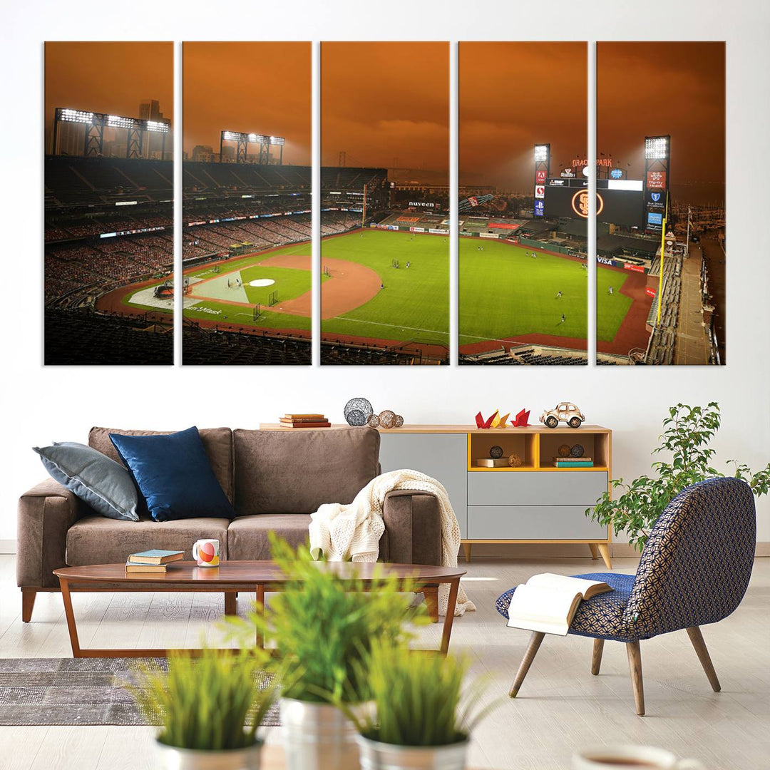 A canvas depicting an Oracle Park game with an orange sky, from SF Giants Stadium Wall Art.