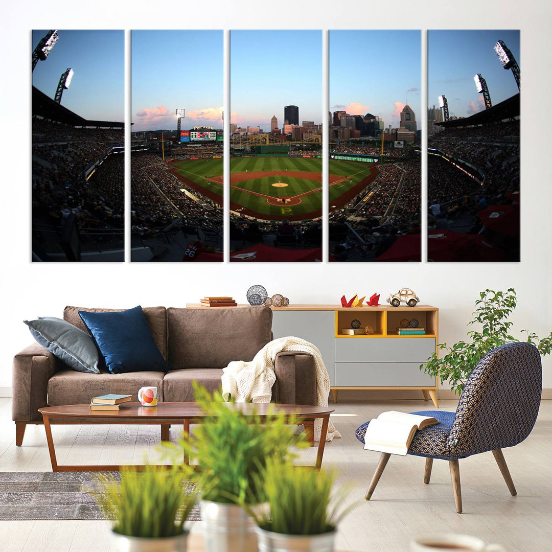 The PNC Park Evening Game Canvas, featuring a skyline backdrop, is displayed on the wall.