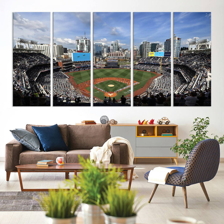 The San Diego Padres Baseball Canvas Print of Petco Park enhances the modern kitchen-dining area.