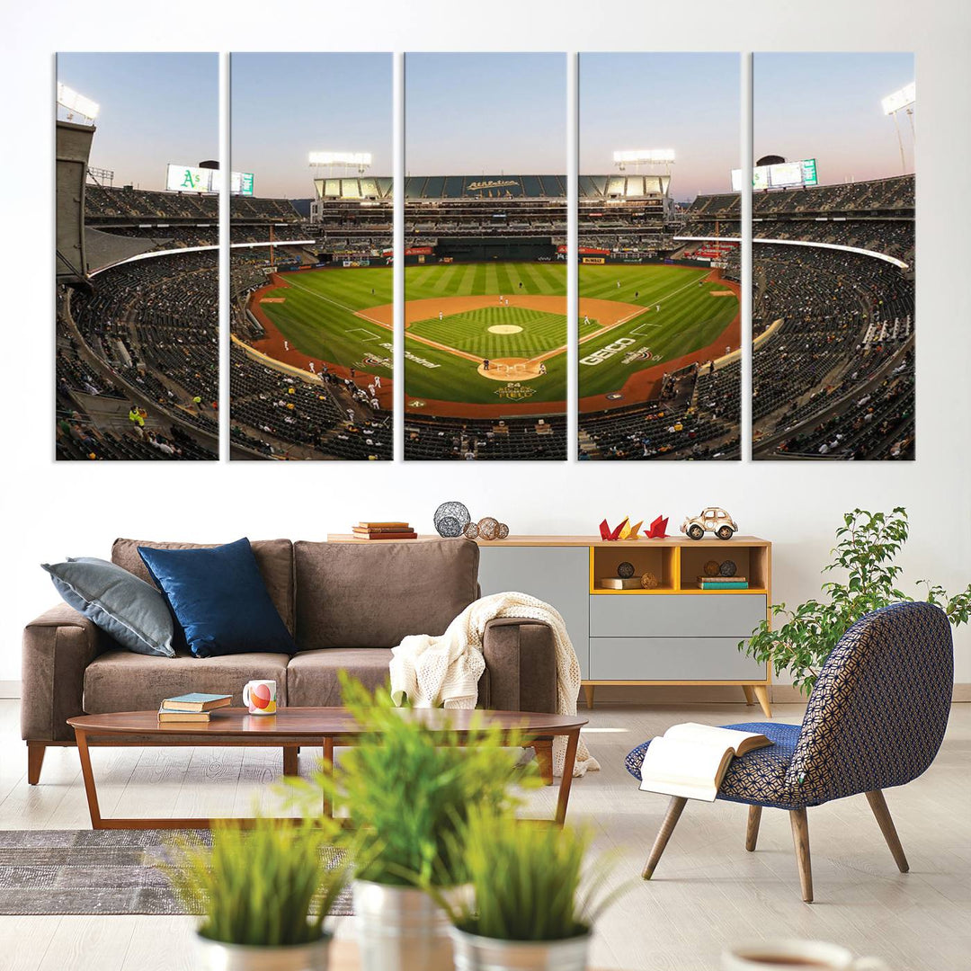 Oakland Athletics wall art canvas featuring the interior of RingCentral Coliseum Stadium.