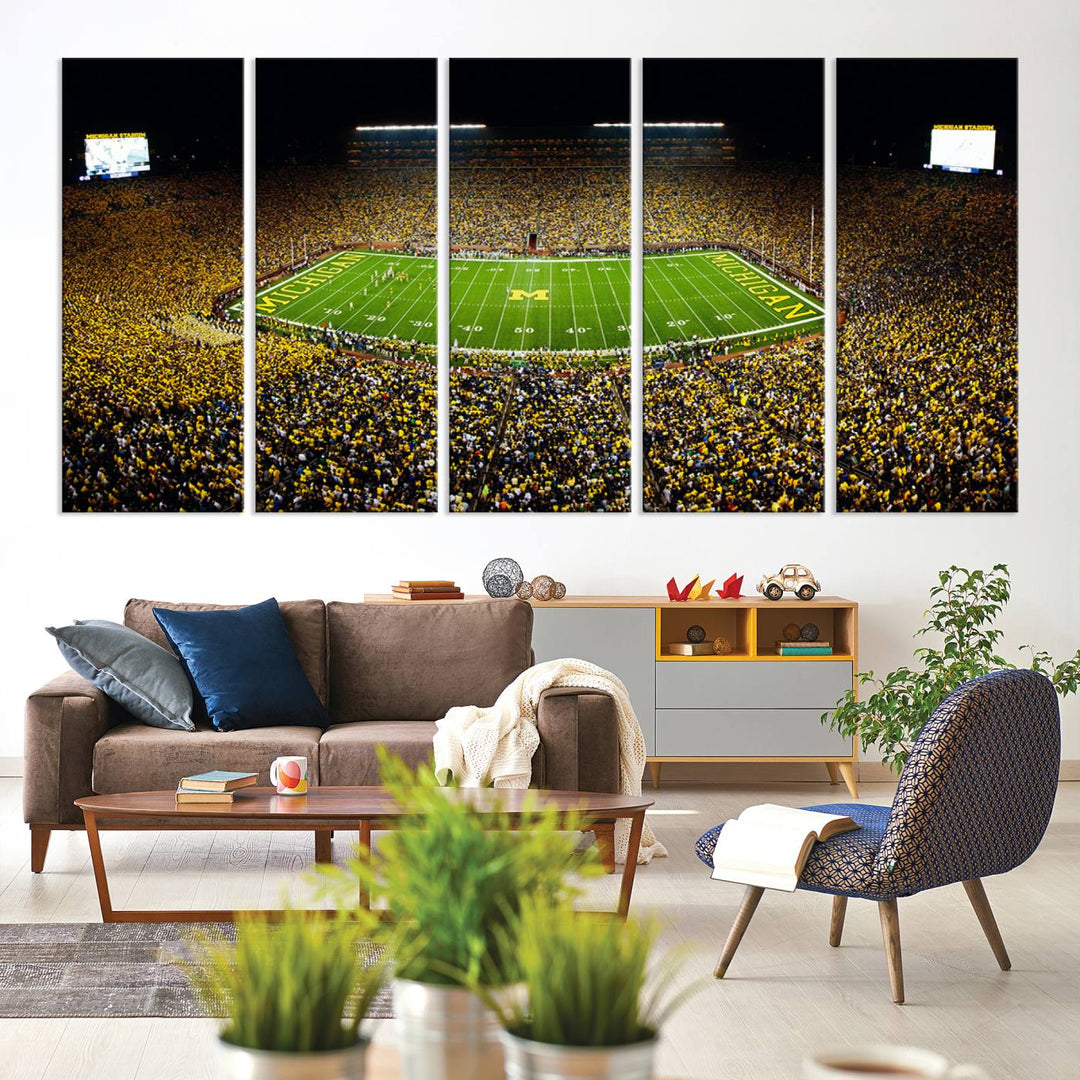 Aerial view of Michigan Stadium night game, ideal for Michigan Wolverines Football Team displayed on a triple canvas wall art.