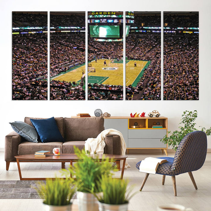 A vibrant depiction of a TD Garden basketball game is beautifully captured in the Boston Celtics Triple Canvas Wall Art, which comes framed and ready to hang.