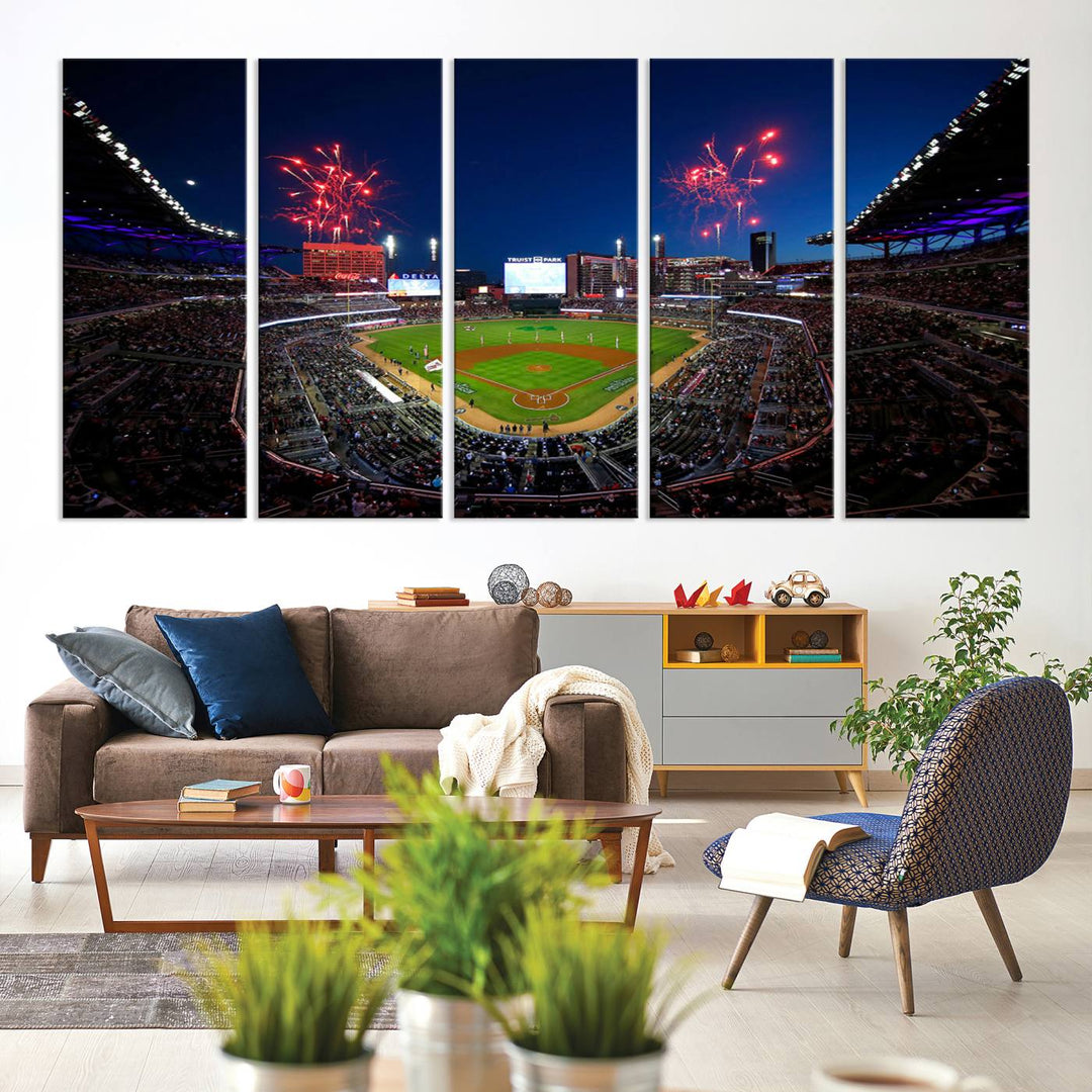 Truist Park wall art: fireworks over a Braves crowd, a large 3-panel canvas, framed and ready-to-hang.