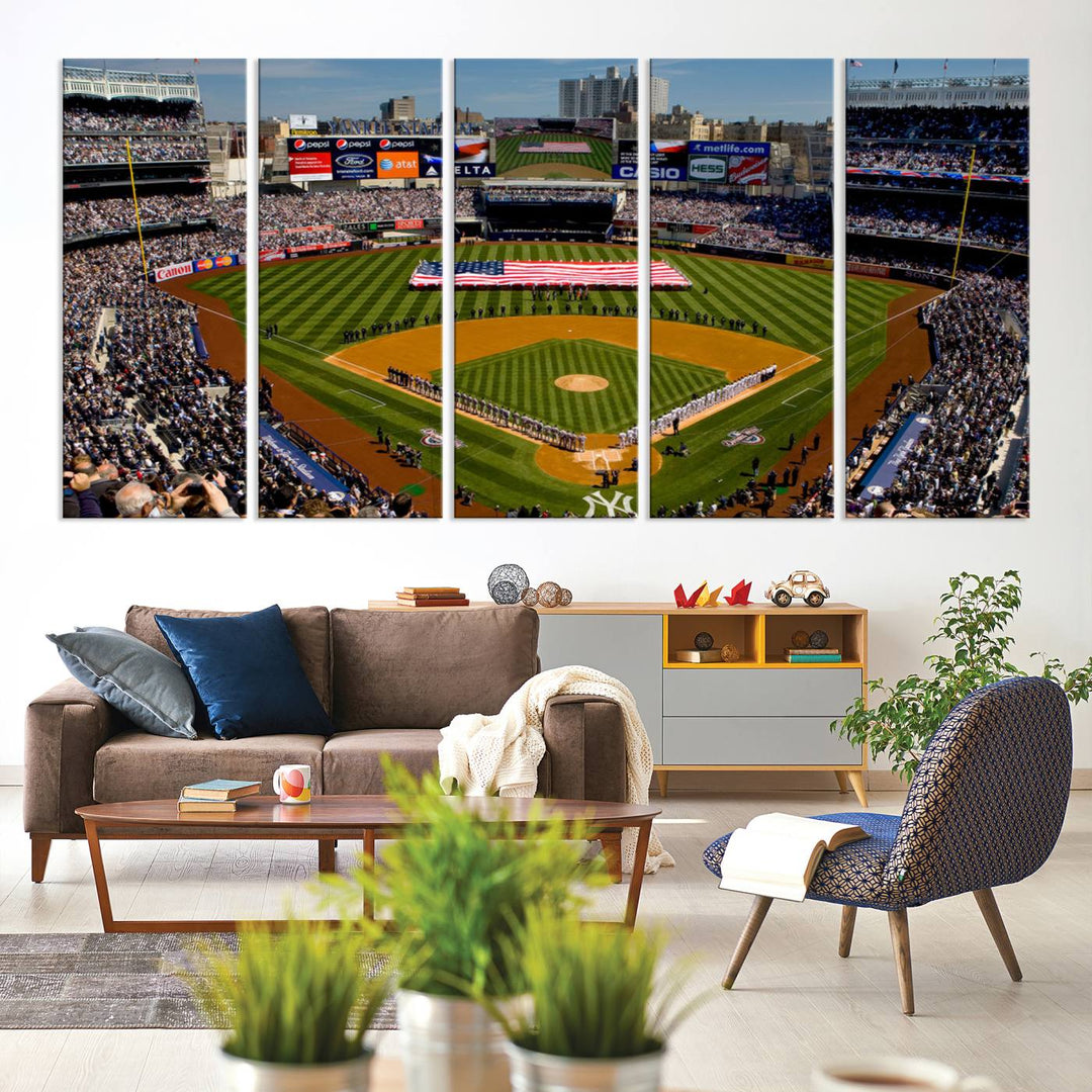 The Yankee Stadium New York wall art print features a vibrant scene of baseball fans with a large flag and players, expertly capturing the spirit of the game. This ready-to-hang décor is perfect for adding a dynamic touch to any space.