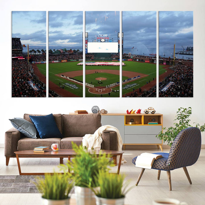 This framed 3-panel canvas MLB wall art features a giant flag and fans under a cloudy sky at Oracle Park.