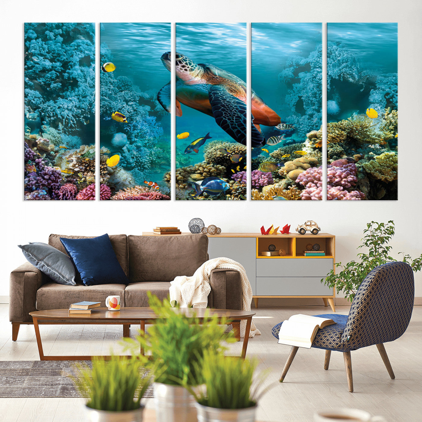 MGV-CV-60X31-5P - Sea Turtle and Coral Reef Triptych Wall Art – Vibrant Underwater Scene Canvas Set for Ocean Lovers and Coastal Decor – Ready to Hang 3-Panel Artwork