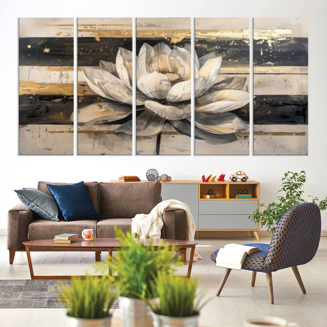 The wall is adorned with an Abstract Lotus Flower Wall Art Canvas Print.