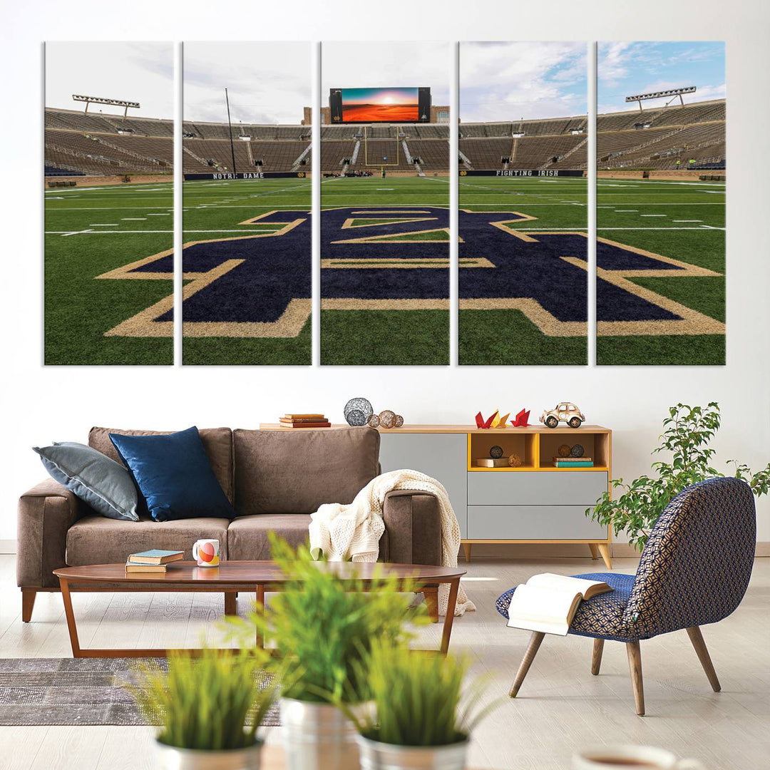 Notre Dame Stadium Triptych: This ready-to-hang giclee canvas print features a vibrant depiction of the football field adorned with an A logo and a stunning sunset.