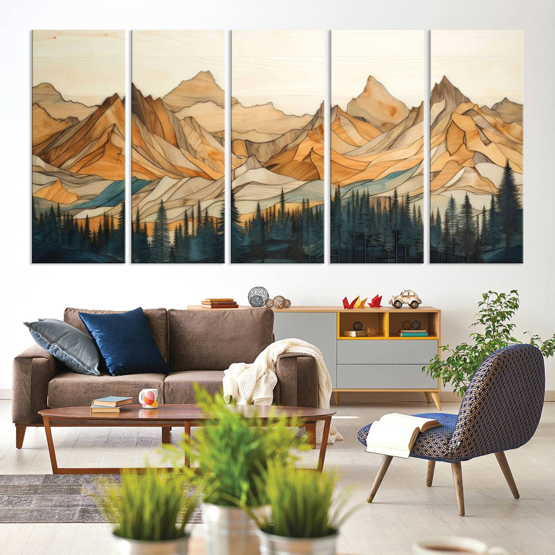 A triptych giclee print of mountains decorates the wall above the counter.