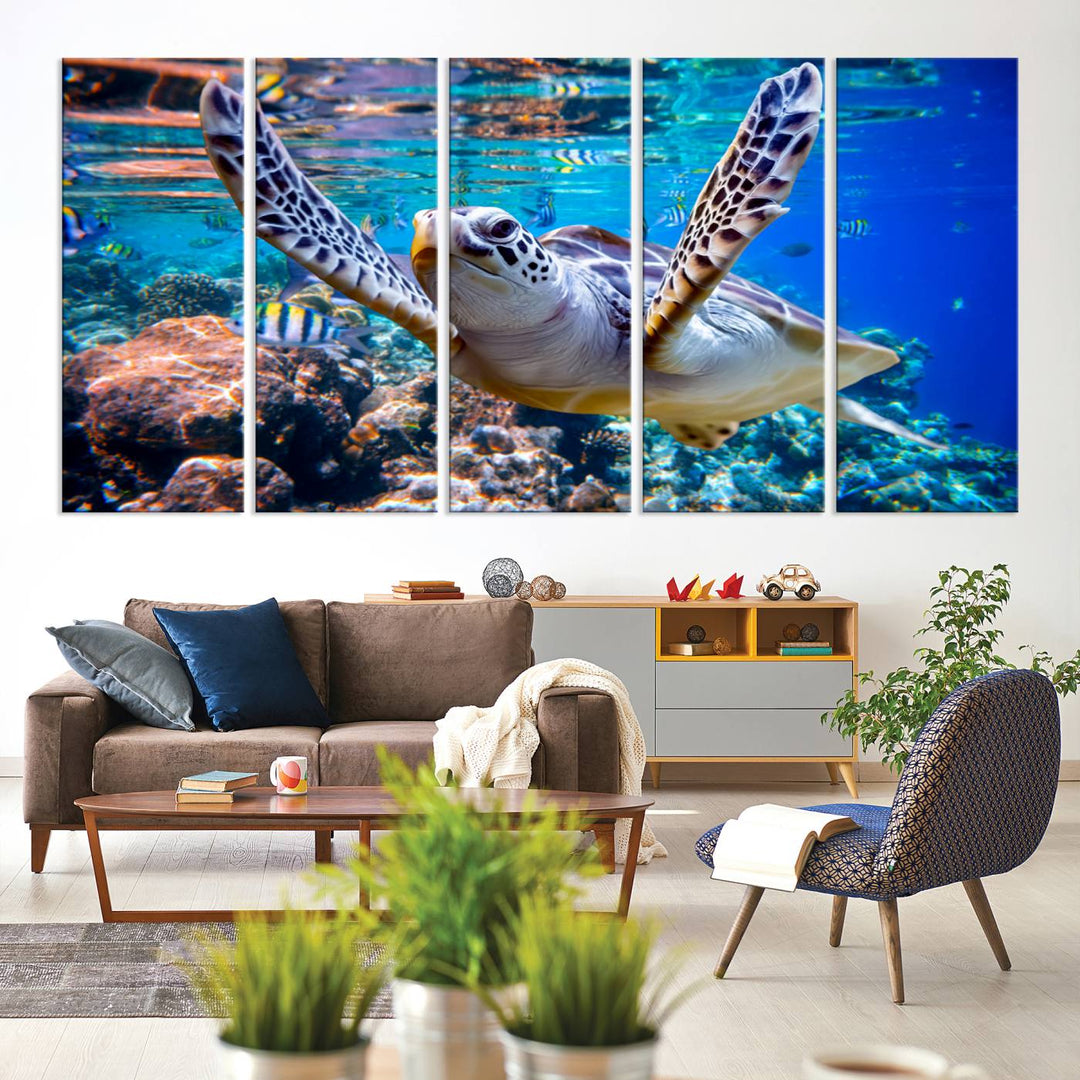 The Underwater Sea Turtle Wall Art Canvas Print serves as vibrant ocean décor, enhancing the kitchen with its stunning depiction.