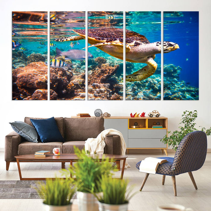 A Sea Turtle Wall Art Canvas Print features a colorful turtle swimming among coral. This artwork is ready to hang.