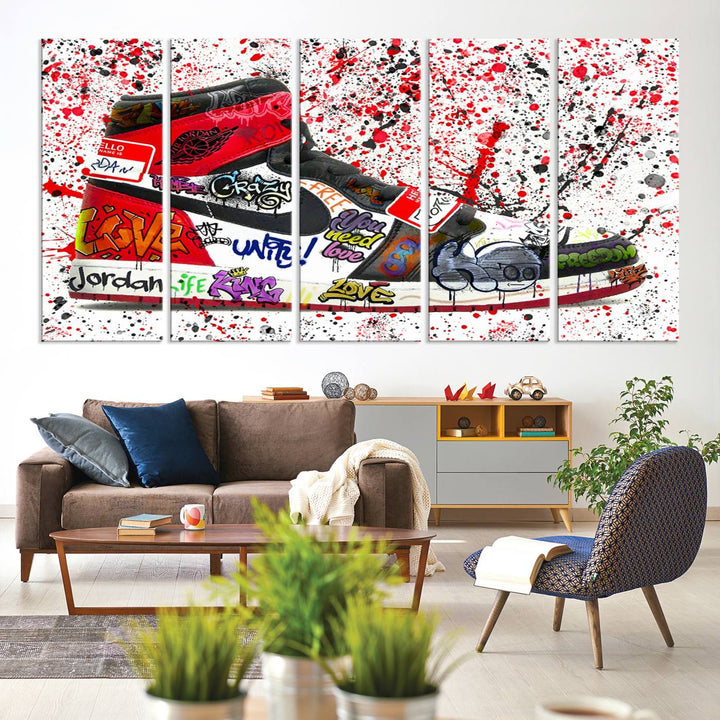 A Jordan Shoes Graffiti Canvas Print hangs prominently, perfect for sneakerheads and urban art lovers.