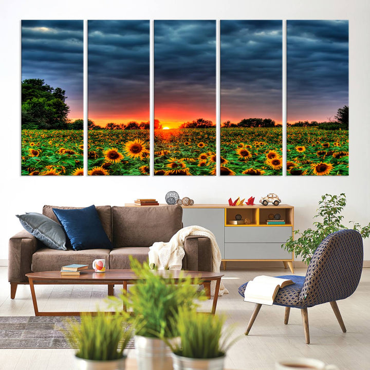 A Golden Sunflower Field at Sunset ready-to-hang wall art canvas print.