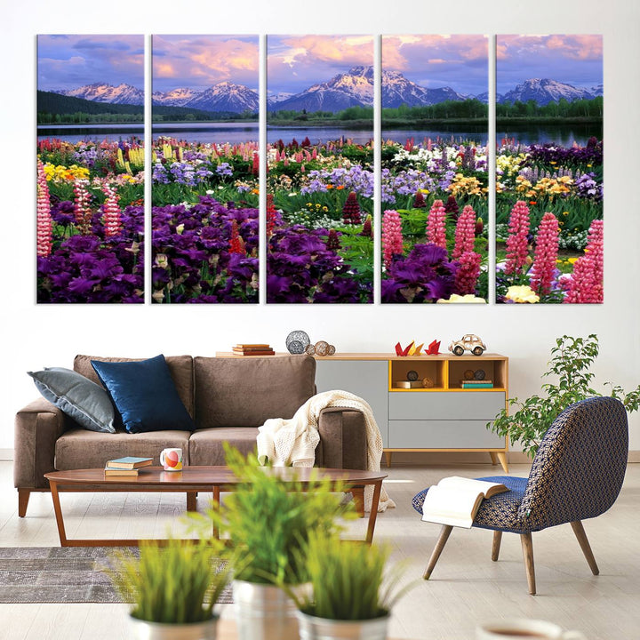 A Vibrant Wildflower Garden and Mountain View Giclee Print is displayed prominently on the wall.