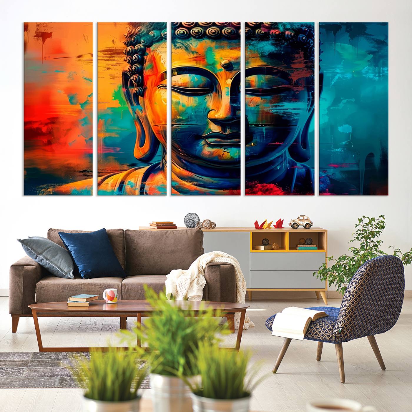 A vibrant, abstract artistic rendition of a Buddha statue face, blending bold and contrasting colors to evoke a sense of peace, spirituality, and enlightenment.