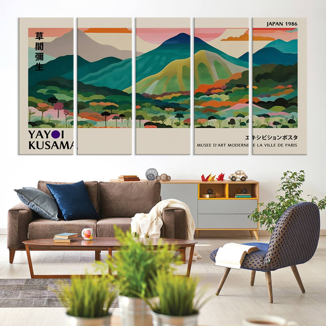 Vibrant Kusama landscape canvas featuring floral mountains and botanical decor, ideal for a modern home.