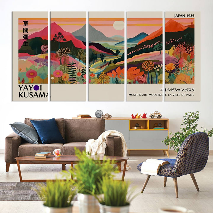 The Yayoi Kusama Landscape Print features vibrant floral mountains with abstract designs, ideal for modern decor.