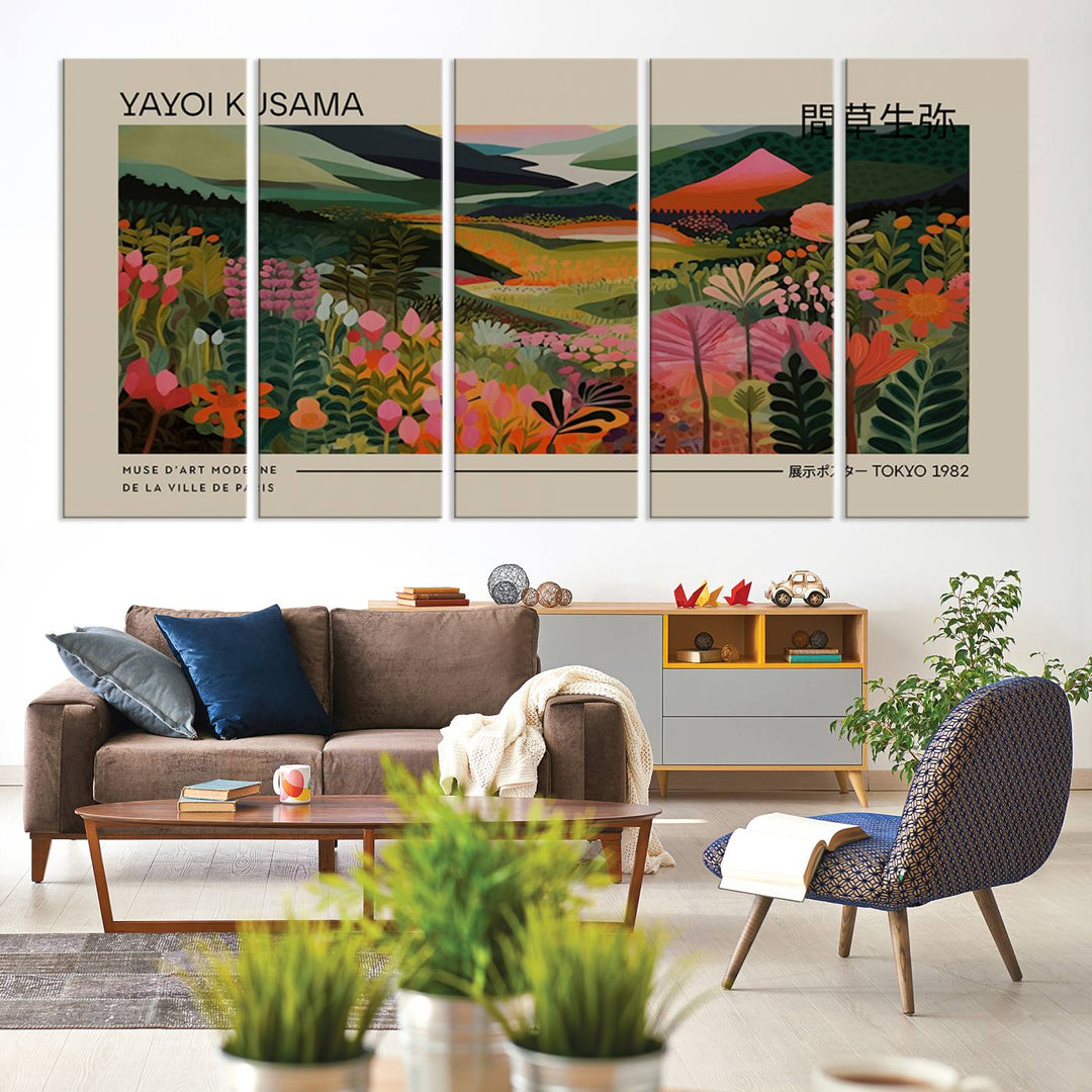 A Yayoi Kusama Landscape Canvas Print brightens the wall with vibrant floral and mountain art.